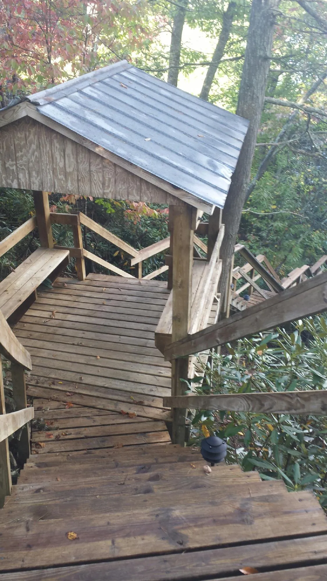 Metal roofed shelter over wooden steps on a wooded walkway — Skylight Repair & Installation work by our crew in Petaluma